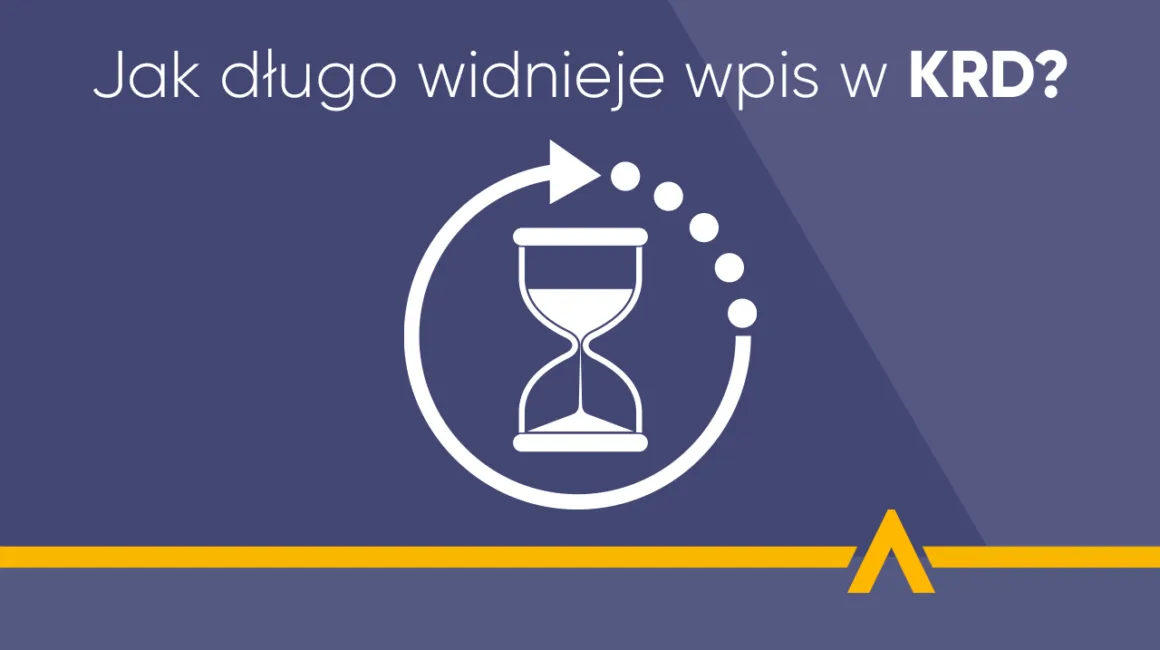 Symbol zegara piaskowego z obracającą się strzałką i napisem "Jak długo widnieje wpis w KRD?"